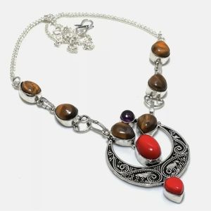 New Tiger Eye and Coral 925 Silver Necklace.